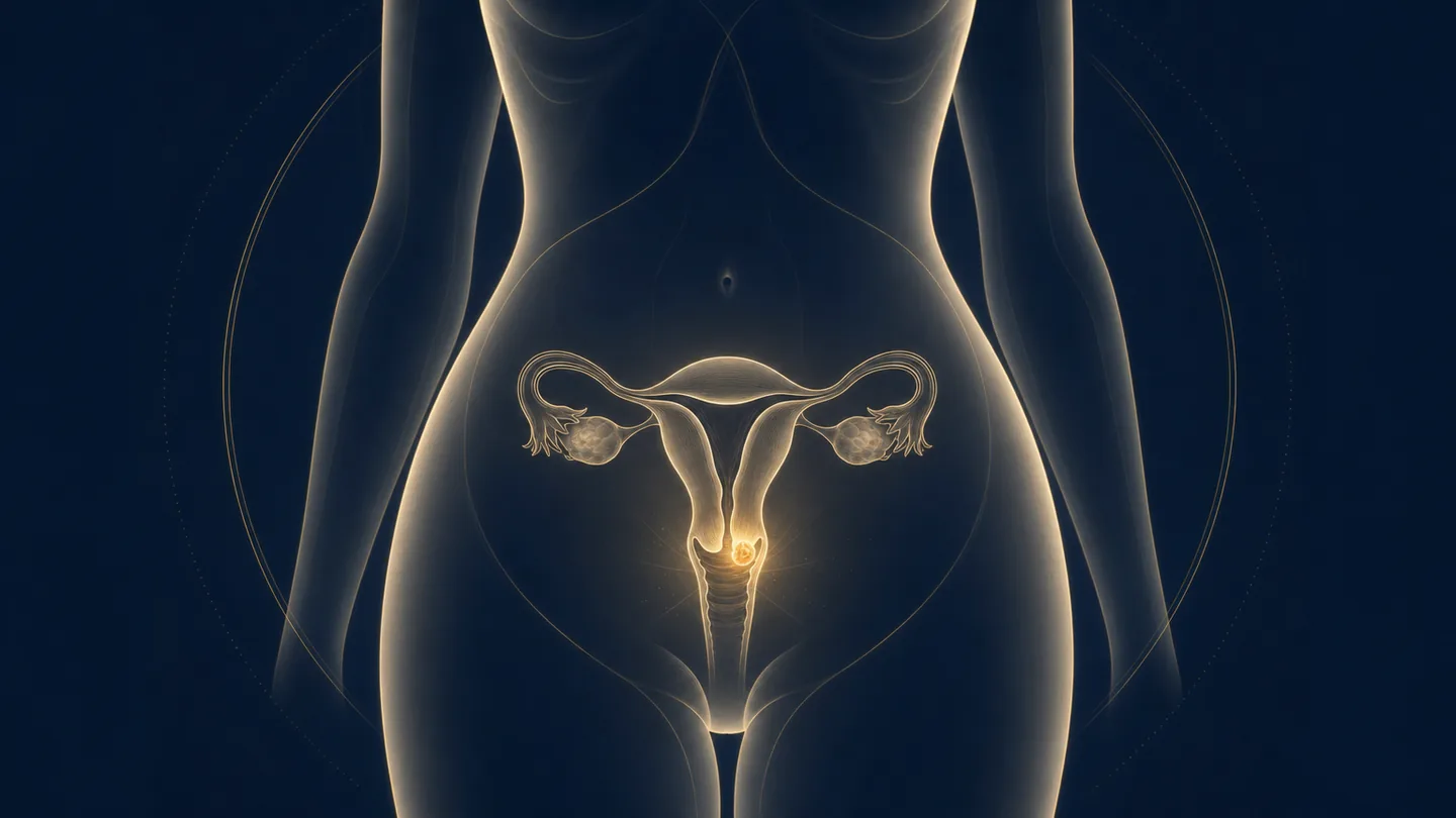 Ilustración anatómica de la silueta femenina con el útero, las trompas y los ovarios; el cuello uterino (cérvix) aparece resaltado con una pequeña lesión tumoral