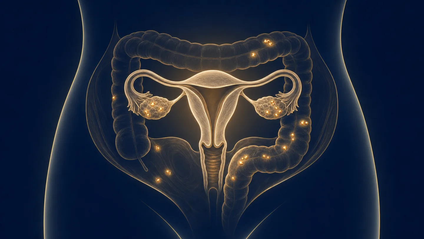 Ilustración anatómica del útero, los ovarios y el intestino; los implantes de endometriosis aparecen resaltados en los ovarios y el recto-sigma, que representa la cirugía de endometriosis