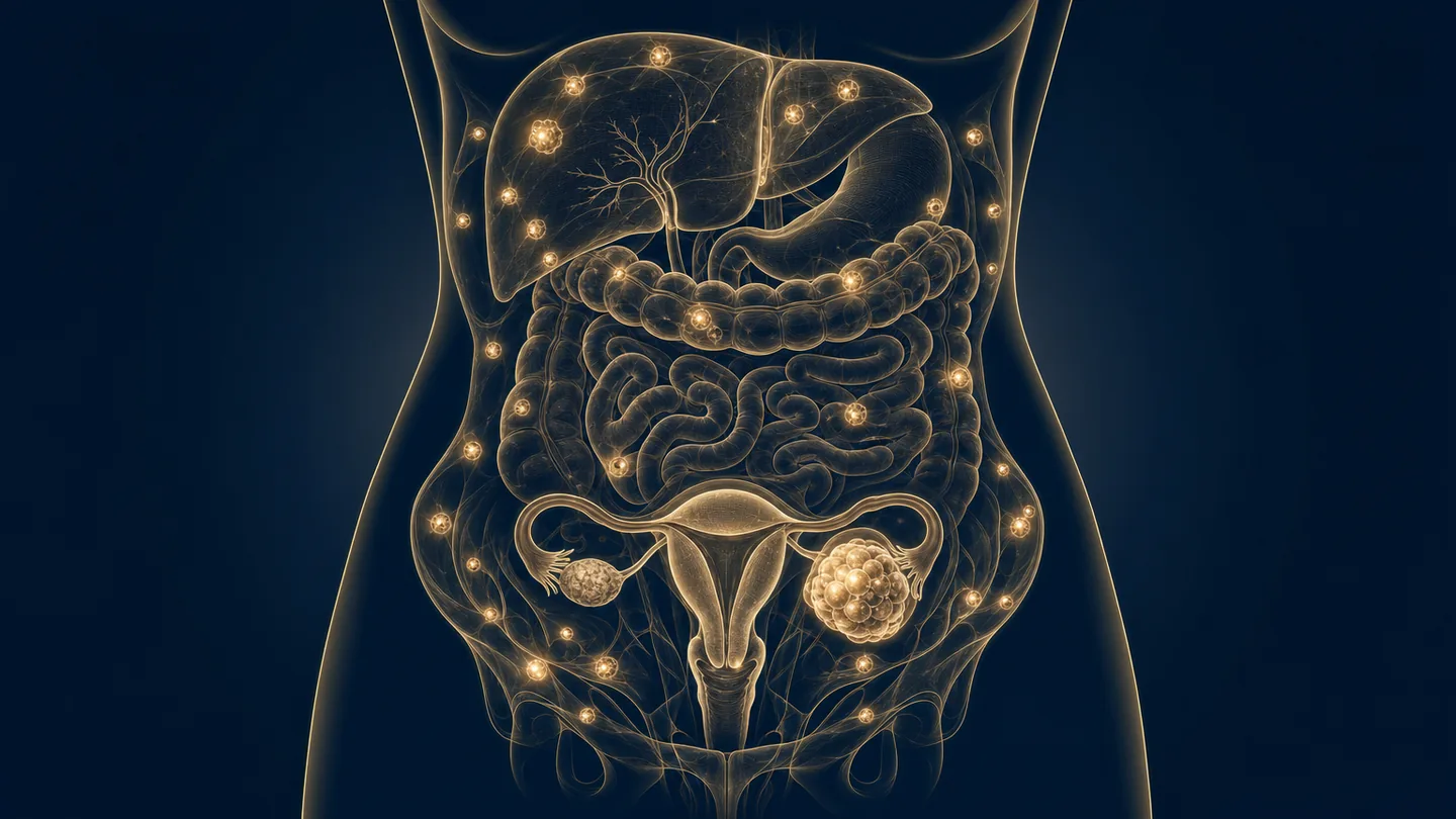 Ilustración anatómica del abdomen femenino con los órganos transparentes —hígado, intestino, útero y ovarios—; un ovario con tumor e implantes de cáncer de ovario diseminados por el hígado, el intestino y el peritoneo