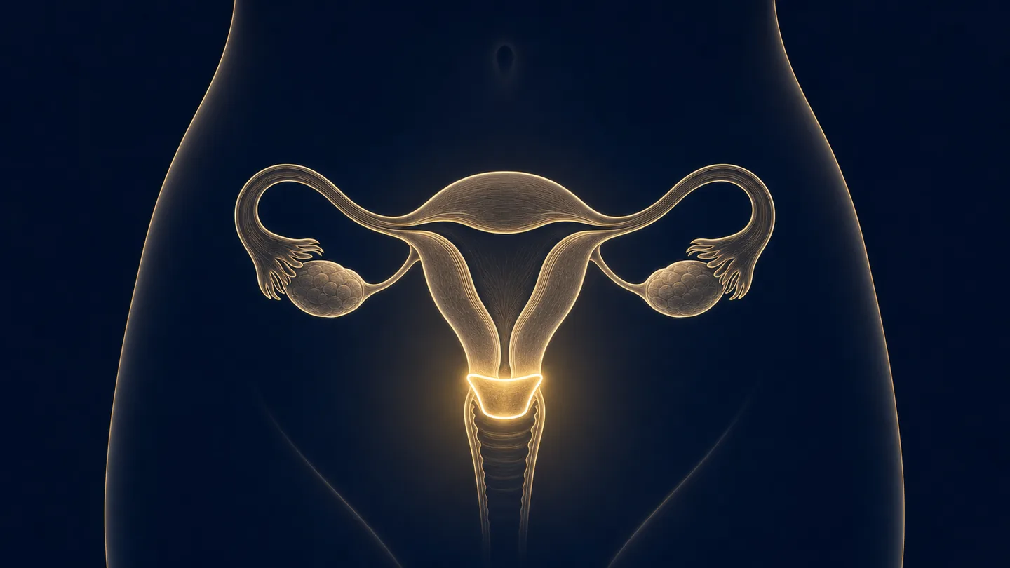 Ilustración anatómica del útero con el cuello uterino y la zona del cono resaltados, que representa la conización cervical