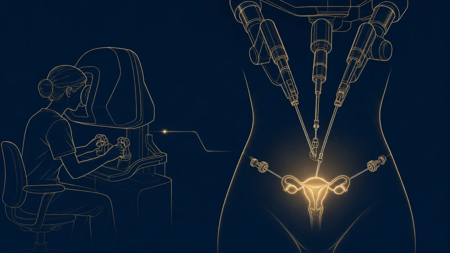 Ilustración de cirugía robótica: el cirujano opera sentado en una consola que controla a distancia los brazos del robot, los cuales sostienen los instrumentos que entran por los trocares y convergen en el útero