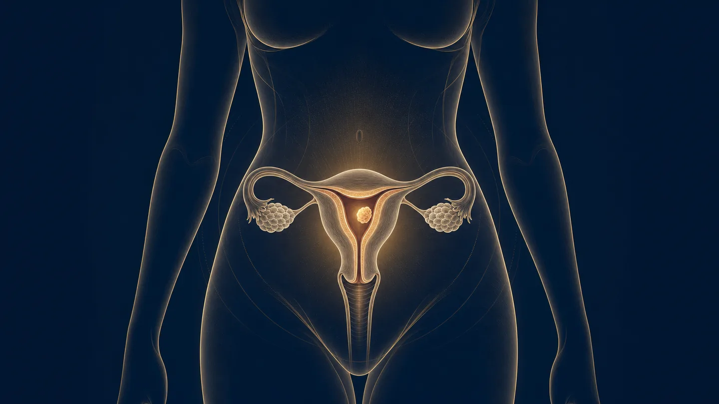 Ilustración anatómica de la silueta femenina con el útero, las trompas y los ovarios; el endometrio aparece resaltado con un pequeño tumor en la cavidad endometrial