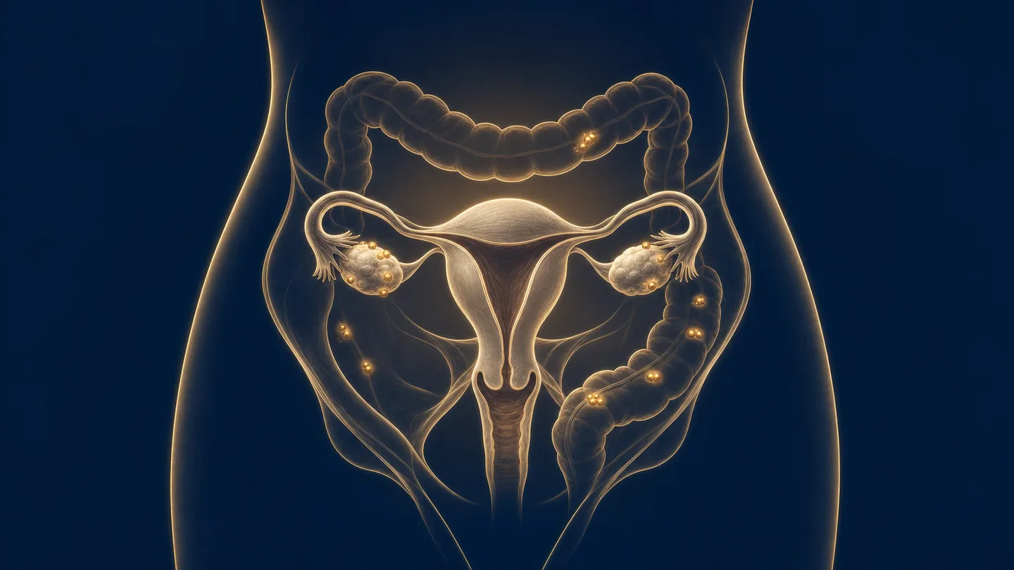 Ilustración anatómica del útero, los ovarios y la silueta del intestino grueso; los implantes de endometriosis aparecen resaltados en los ovarios, el recto-sigma y el peritoneo
