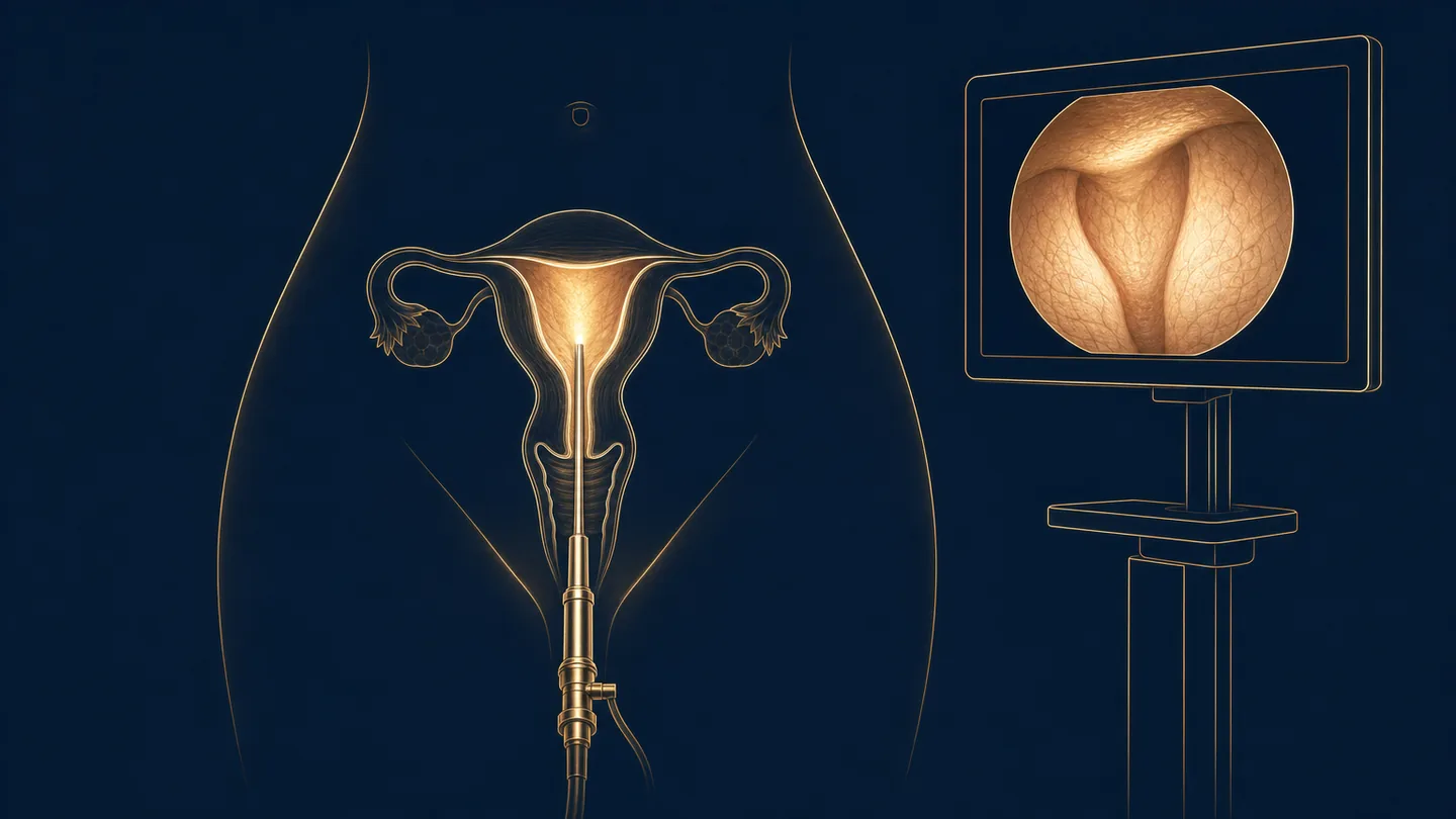 Ilustración de histeroscopia: un histeroscopio se introduce por la vagina y el cuello uterino hasta la cavidad del útero, iluminada, cuya imagen se muestra en un monitor