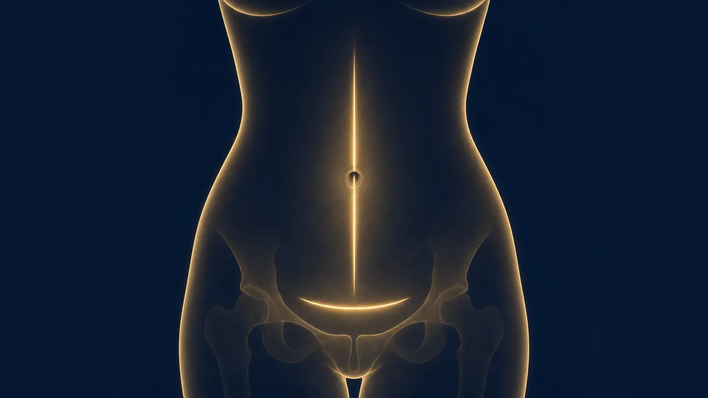 Silueta del abdomen femenino con las dos incisiones de la cirugía abierta: la incisión media vertical (infra-supraumbilical) y la incisión de Pfannenstiel, transversa baja