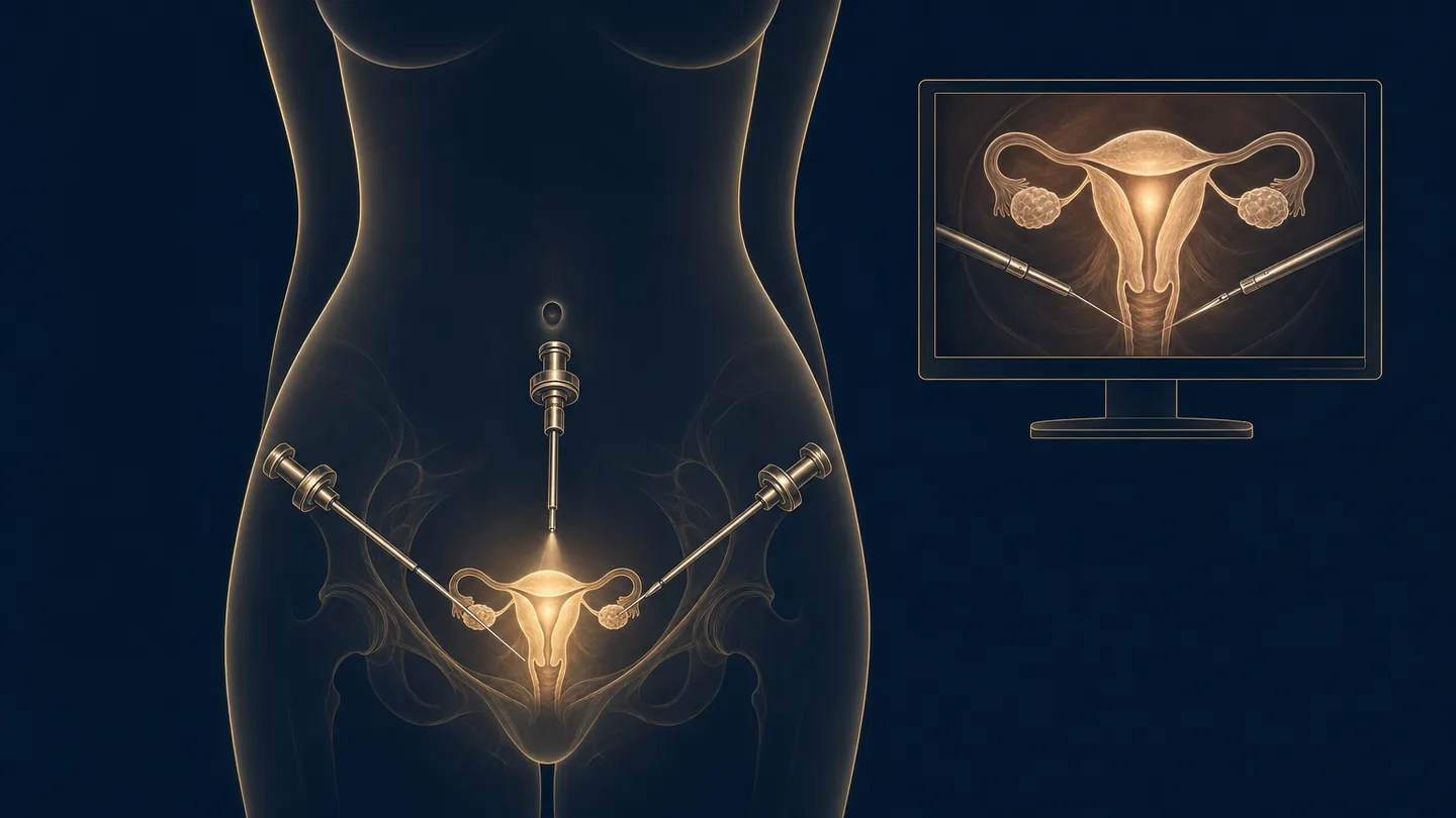 Ilustración de cirugía laparoscópica: silueta del abdomen con trocares en el ombligo y en ambas fosas ilíacas; la cámara entra por el ombligo y enfoca el útero, que se muestra en un monitor