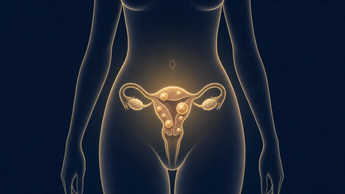 Ilustración anatómica de la silueta femenina con el útero mostrando varios miomas (nódulos redondeados) en su pared muscular