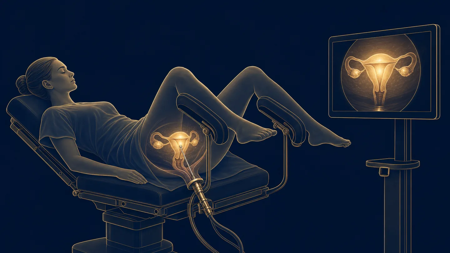 Ilustración de cirugía VNOTES con la paciente en posición de litotomía: el acceso es por vía vaginal, sin incisiones en el abdomen; la cámara y los instrumentos llegan al útero, que se muestra en un monitor